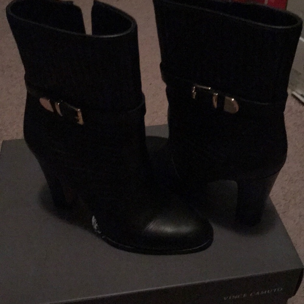 Black ankle gold buckle accents booties ..